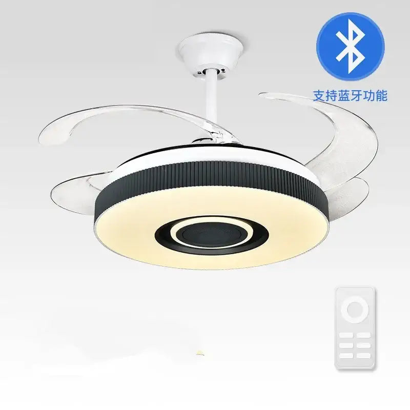 Modern black and white ceiling fan chandelier with integrated led lighting and bluetooth for living room use