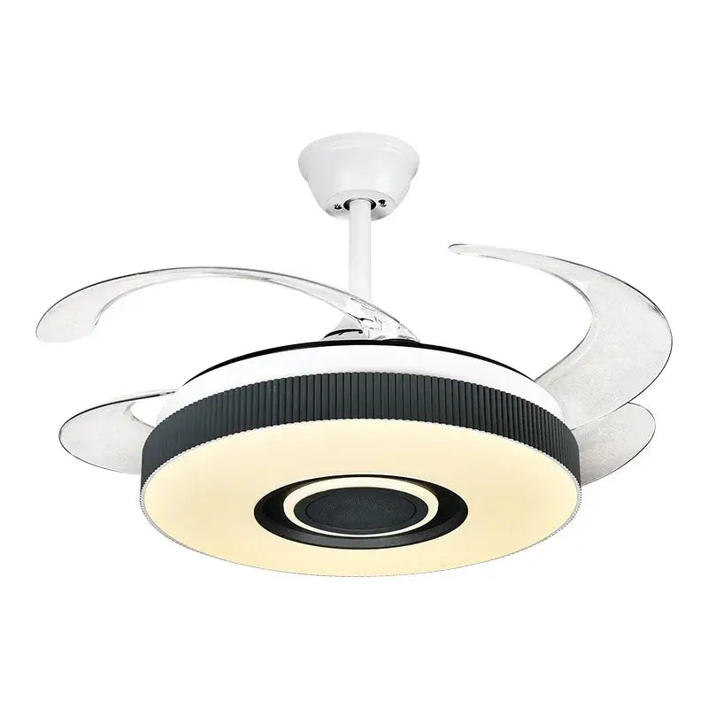 Modern black and white ceiling fan chandelier with integrated LED lighting and sleek circular design for living room use