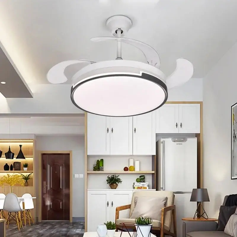 White ceiling fan with integrated led light retractable blades modern design for decorbites invisible ceiling use