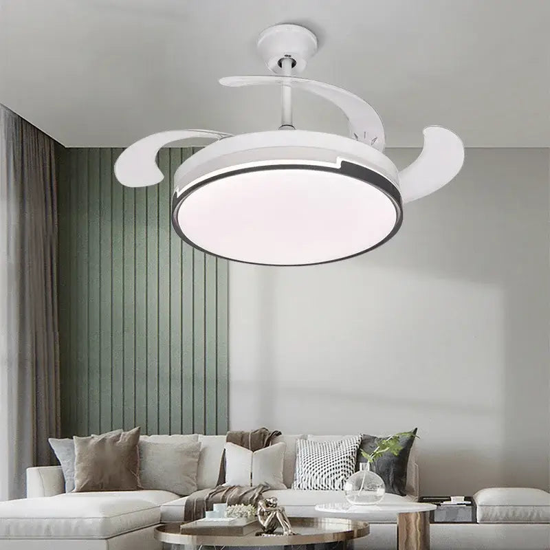 Modern black and white ceiling fan with retractable blades white curved design and integrated circular light ideal for bedroom decorbites invisible ceiling