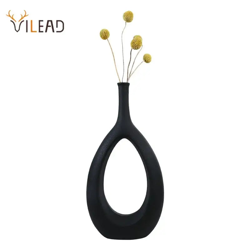 Modern black and white decorbites ceramic vase set featuring a sleek teardrop ceramic vase with central oval cutout