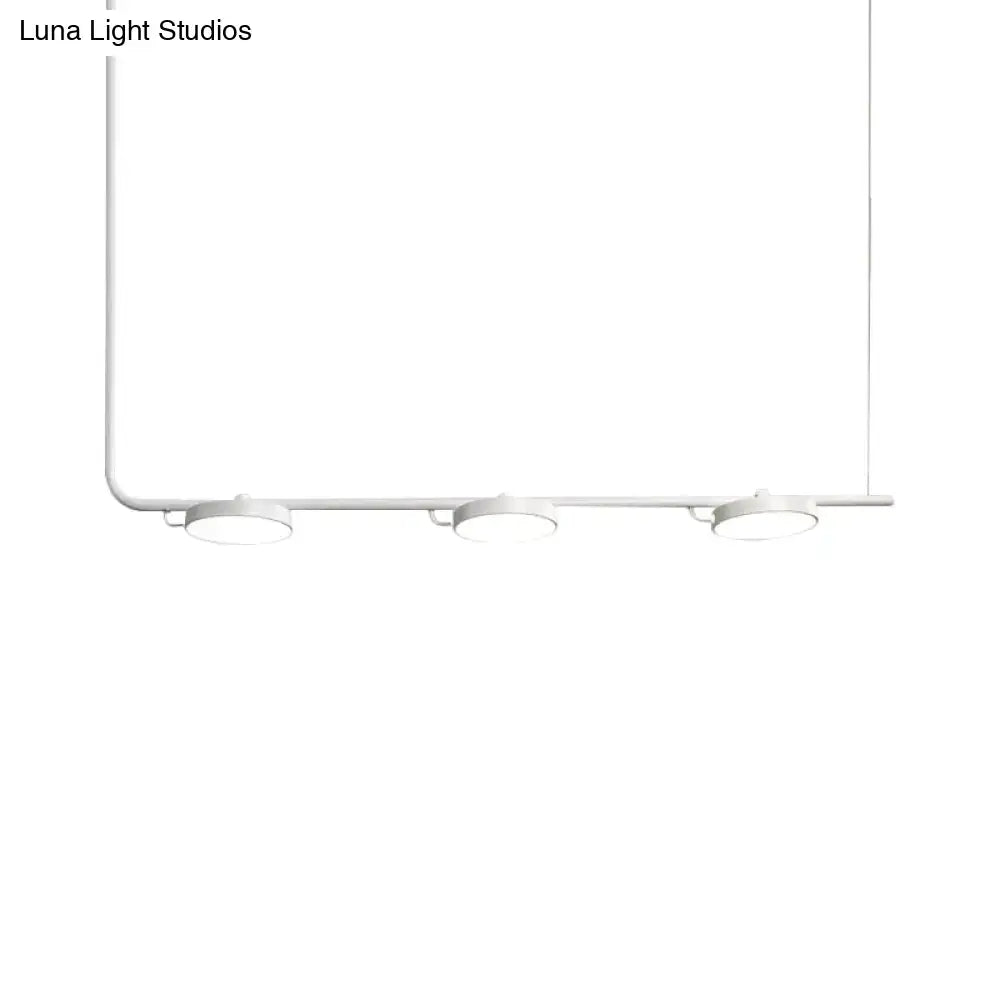 Minimalist white pendant light with three circular led bulbs on curved bar for modern chandelier dining room lighting