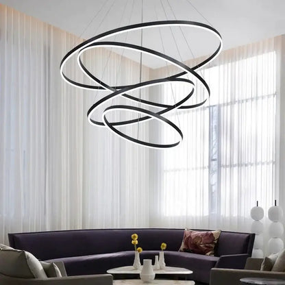 Modern black and white circle ring art chandelier with sleek intertwined rings for staircase decorbites circle ring light