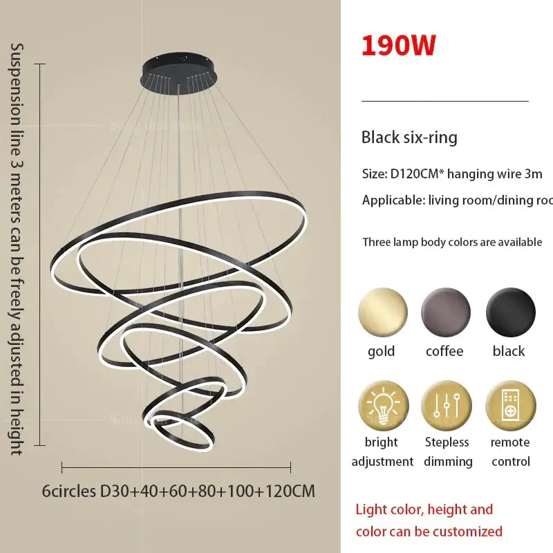 Modern black six-ring led ring art chandelier with spiral design and adjustable wire for decorbites circle ring lighting