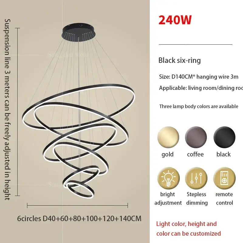 Modern black six-ring led ring art chandelier with spiral design and adjustable wire for decorbites circle ring decor
