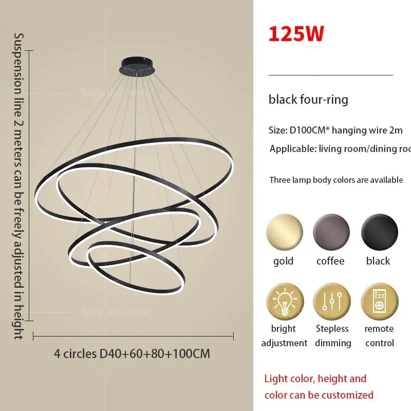 Modern black circle ring art chandelier with four sleek interlocking led rings and adjustable suspension for staircase decorbites circle ring