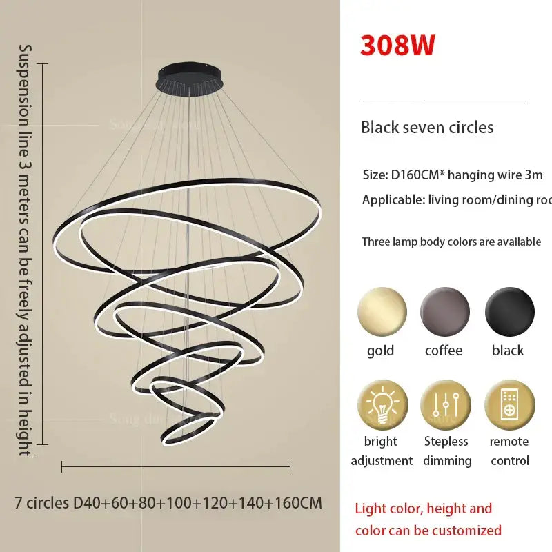 Modern black seven-circle spiral led ring art chandelier with adjustable suspension and customizable colors decorbites circle ring