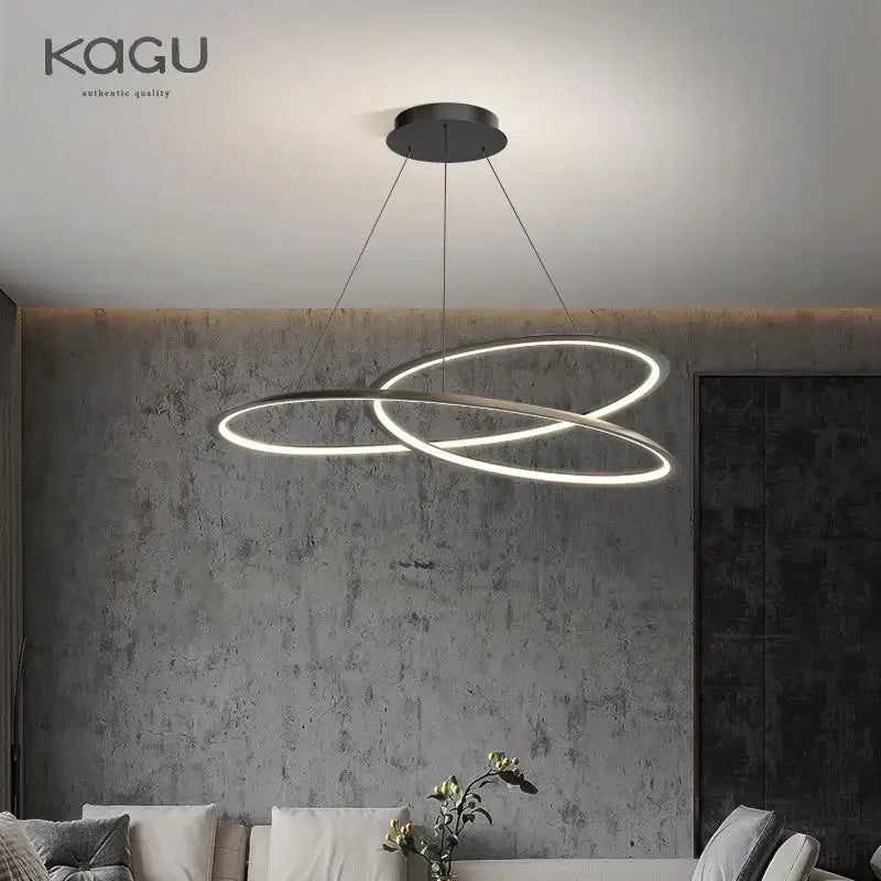 Modern black white chandelier featuring two interlocking illuminated rings for living room decorbites circular black design