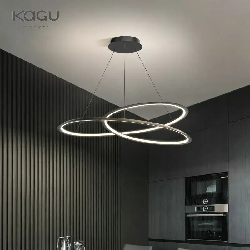 Modern black white chandelier featuring two interlocking circular rings in silver and black for living room decorbites circular black style