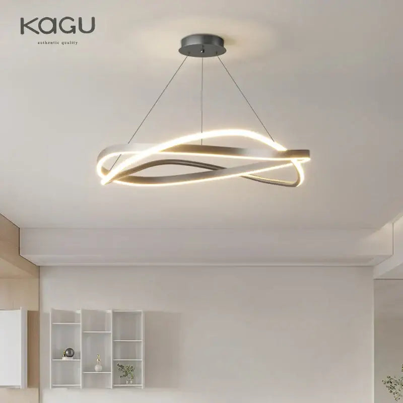 Modern black and white pendant ceiling lamp with sleek intertwined metallic bands and warm led glow for living room