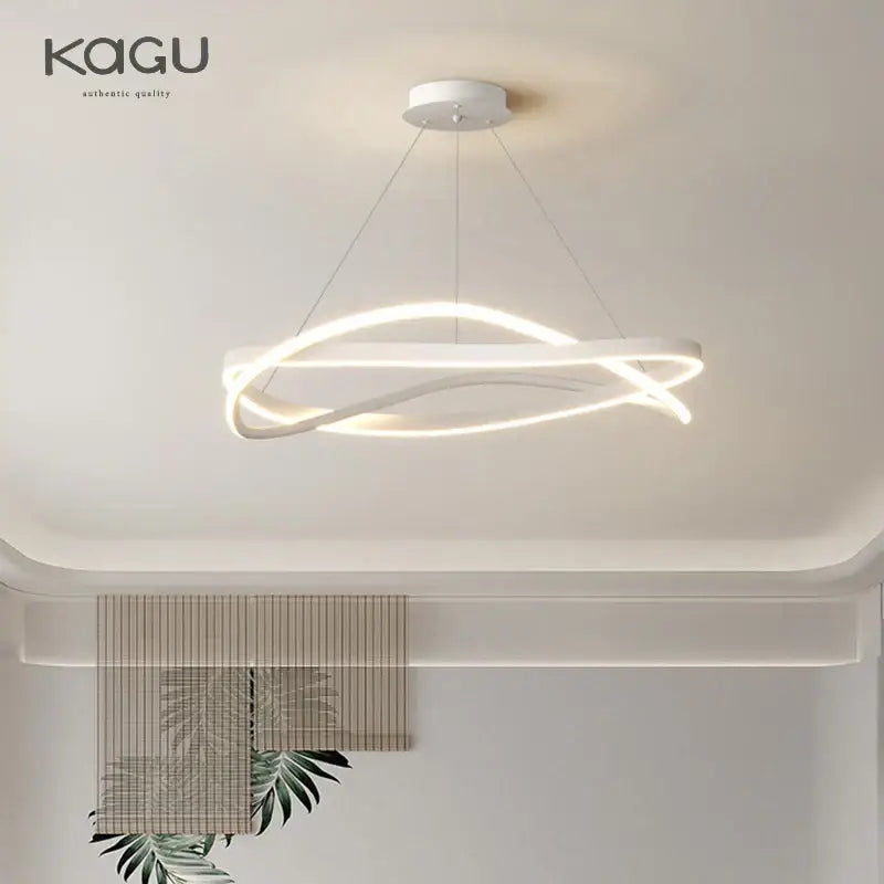 Modern black and white circular pendant ceiling lamp with sleek white kagu intertwined ring LED design for living room