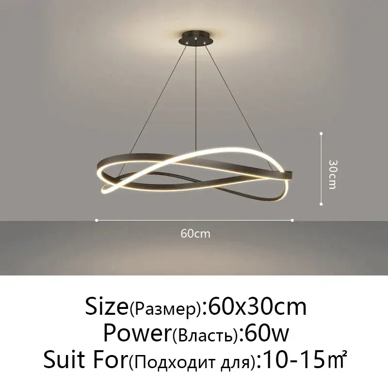 Modern black and white circular led pendant ceiling lamp with an elegant intertwined ring design for living room
