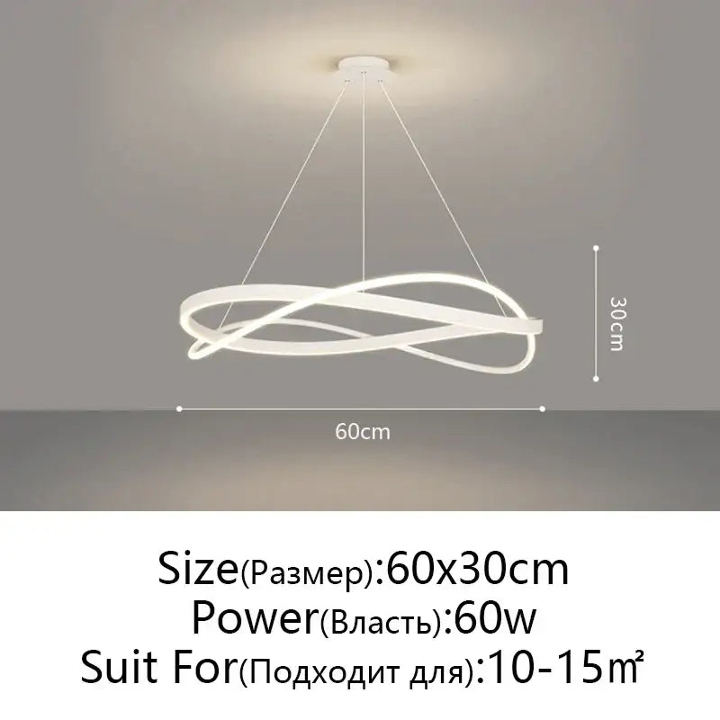 Modern black and white pendant ceiling lamp with intertwined circular LED bands for living room lighting