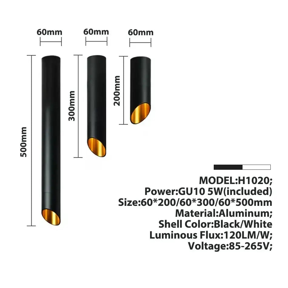 Modern black and white cylindrical led ceiling light with gold aluminum interior ideal for kitchen light cord lamps