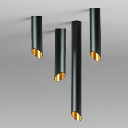 Modern black and white cylindrical led ceiling light with gold-lined interior featuring ceiling light cord for kitchen use