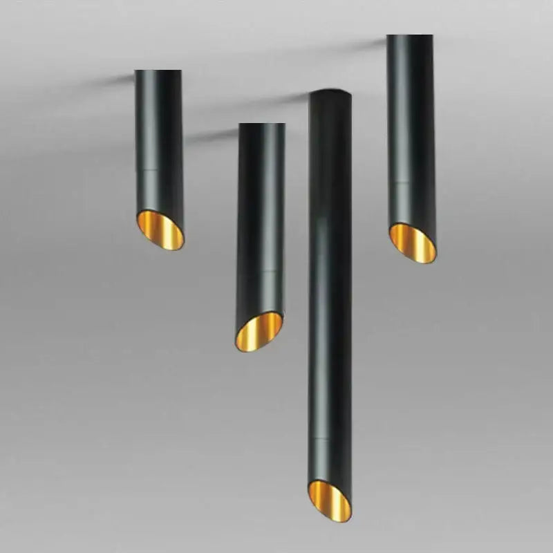 Modern black and white cylindrical led ceiling light with gold-lined interior featuring ceiling light cord for kitchen use