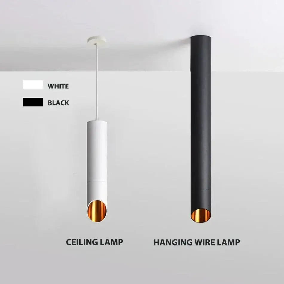 Modern black and white cylindrical led ceiling light with ceiling light cord and warm gold interior for kitchen use