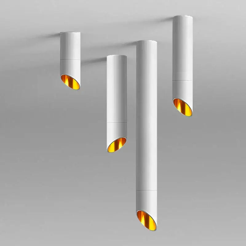 Modern black and white cylindrical led ceiling light with white exterior and gold interior for kitchen lighting needs
