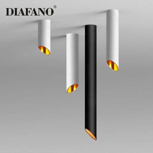 Modern black and white cylindrical led ceiling light with gold-finished interior for kitchen with sleek light cord lamps