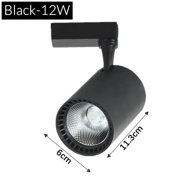 Black 12w track light with cylindrical head and adjustable arm in modern black and white decorbites colorful cob phase system