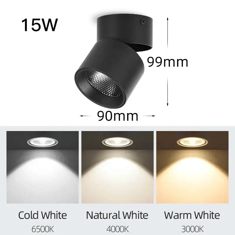 Black 15w adjustable spotlight with matte finish and three color temperatures in decorbites led ceiling lamp collection