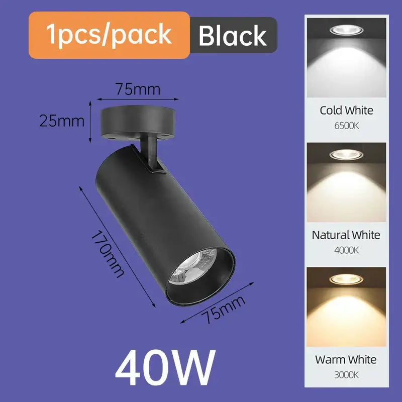 Modern black and white decorbites led ceiling lamp featuring a black matte 40w adjustable spotlight beam lamp