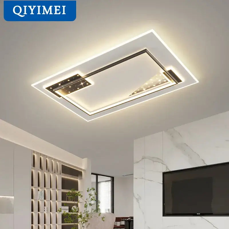 Modern black and white decorbites living lamp chandelier with sleek rectangular frame and warm LED ambient glow