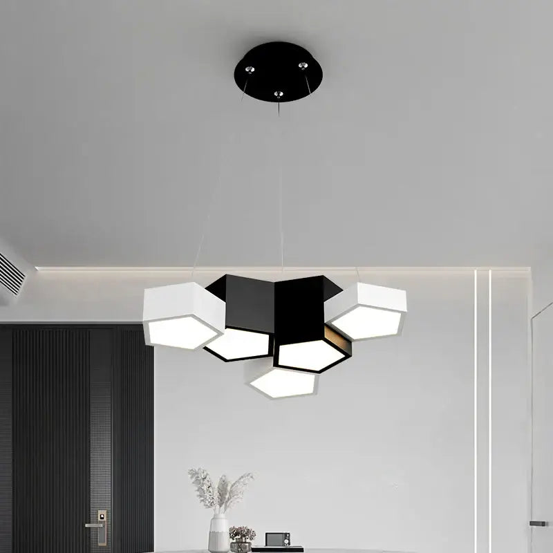 Modern black white diamond led chandelier living room pendant light with hexagonal geometric cube fixtures and circular mount