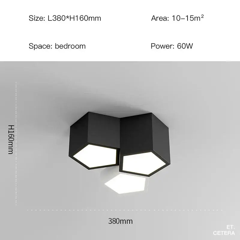 Modern black white diamond led chandelier pendant light with three illuminated panels in black hexagonal design