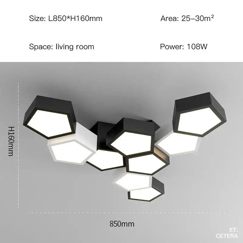 Modern black white diamond led chandelier featuring a black hexagonal ceiling light with white illuminated panels for decorbites black white style