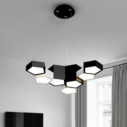 Modern black white diamond led chandelier featuring a hexagonal pendant light with illuminated geometric shades for decorbites black white rooms