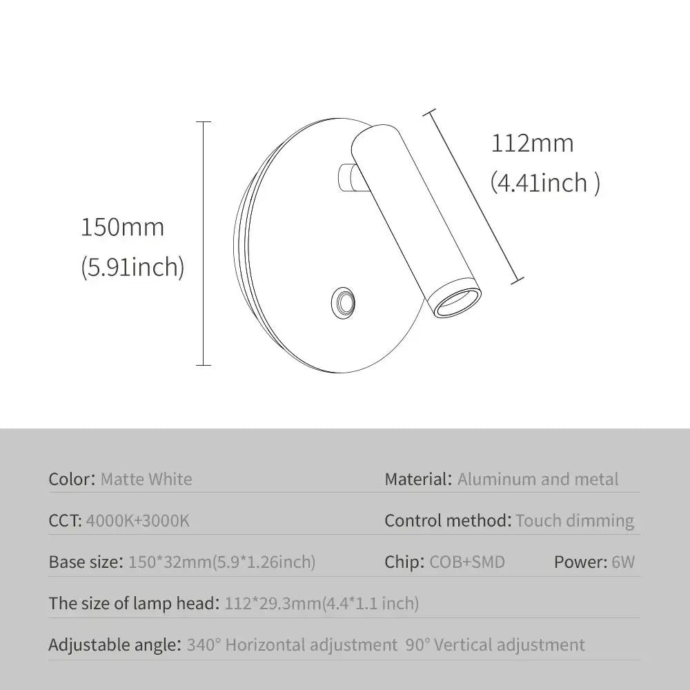 Matte white adjustable dimmable led wall lamp with aluminum and metal construction for bedroom reading light decorbites