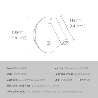 Matte white adjustable dimmable led wall lamp with aluminum and metal construction for bedroom reading light decorbites