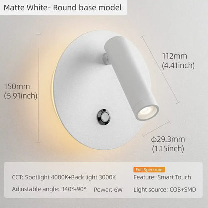Matte white round base wall lamp with adjustable spotlight and backlit dimmable led for bedroom reading decorbites dimmable led