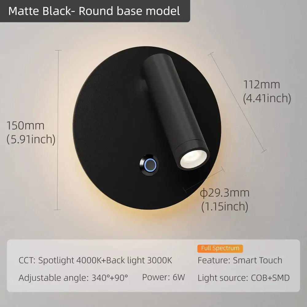 Matte black round base wall lamp with adjustable angle and smart touch control for dimmable led bedroom lighting decorbites