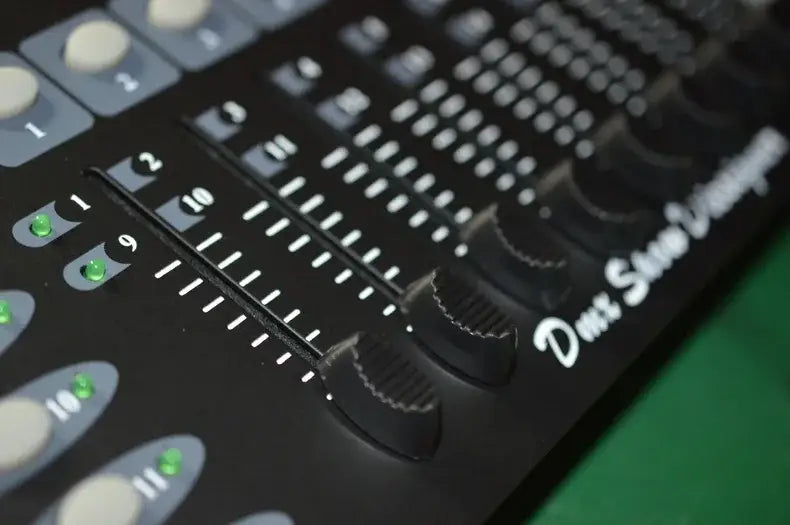 Modern black and white dmx controller stage light with green led indicators and tactile faders for party room design