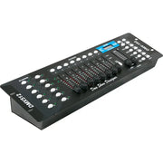 Modern black and white dmx controller stage light with white knobs sliders and a blue digital display for party rooms