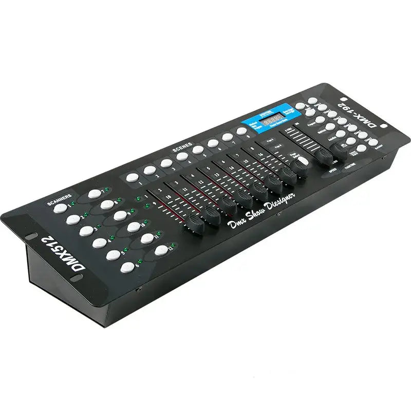 Modern black and white dmx controller stage light with white knobs sliders and a blue digital display for party rooms