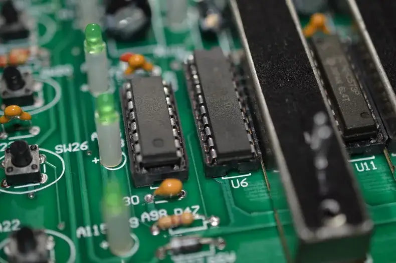 Modern black and white dmx controller stage light showing black integrated circuit chips on green printed circuit board