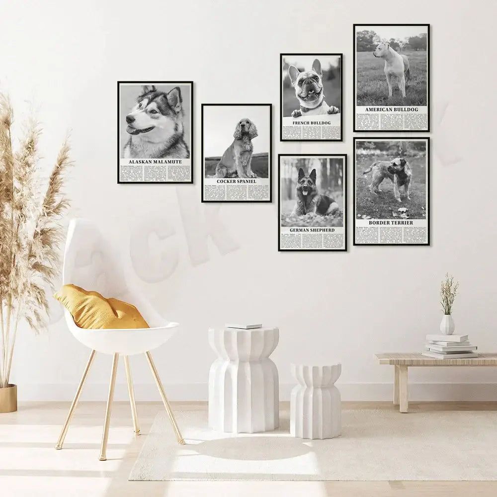 White modern chair with gold-tone legs and mustard-yellow cushion beside a modern black and white dog breeds poster set wall art