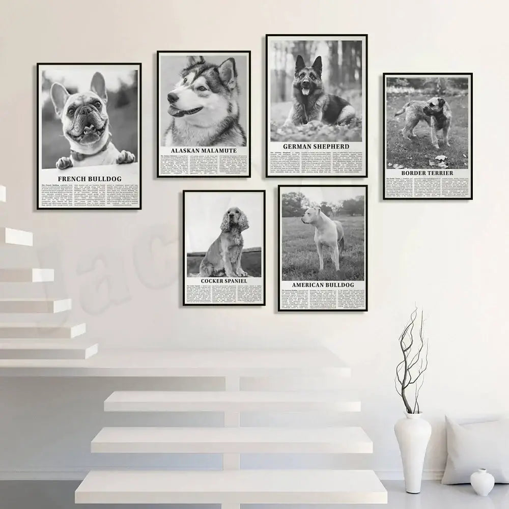 Set of six framed black and white dog breeds posters with newspaper-style text for living room wall art
