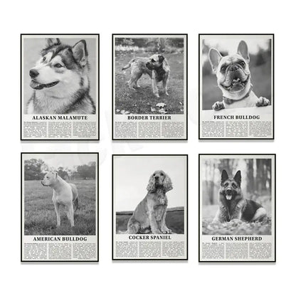 Set of six framed black and white dog breeds posters featuring popular white dog breeds for living room wall art