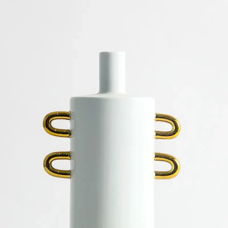 Modern white ceramic vase with four gold toned u shaped handles featuring white dots geometric design for living room decor