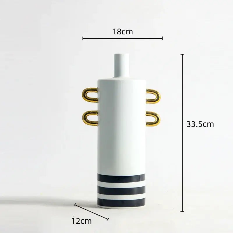 A modern white dots geometric ceramic vase with gold-toned handles and black-striped base for living room decor