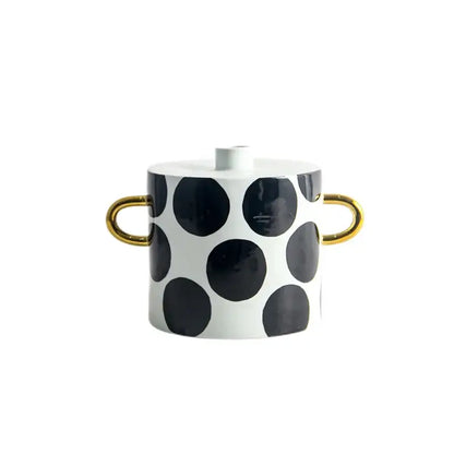 White ceramic sugar bowl with white dots geometric black polka dots and gold-tone handles for living room decor