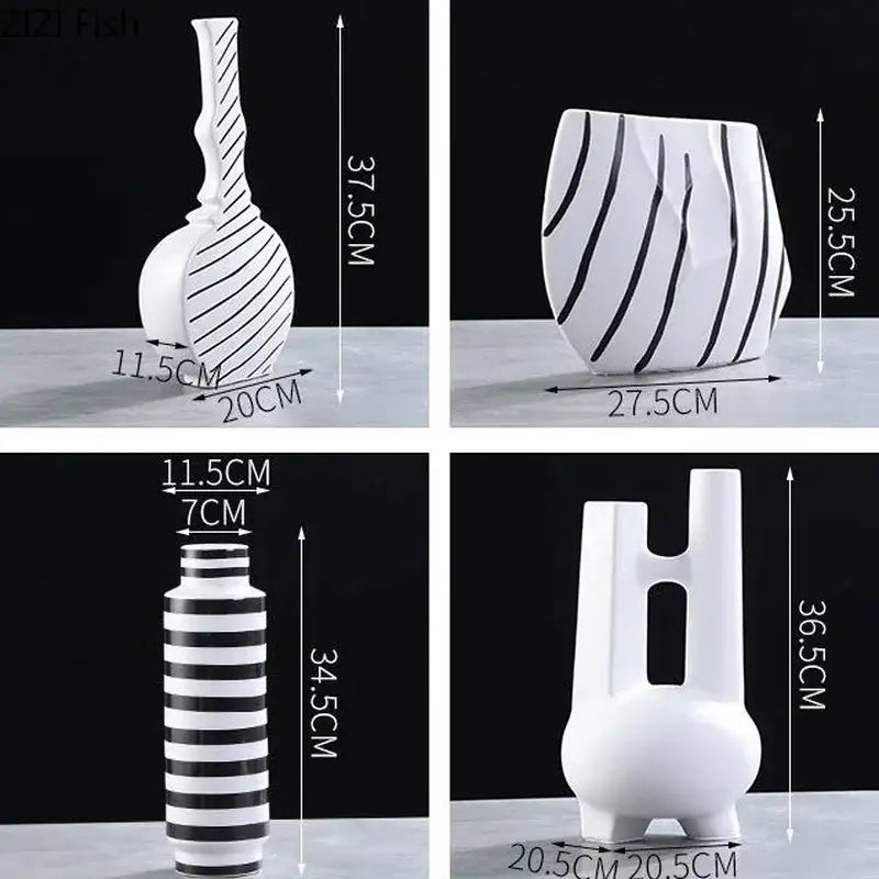 White ceramic elegant striped vases with bold black diagonal stripes and modern sculptural designs for living room decorbites decor