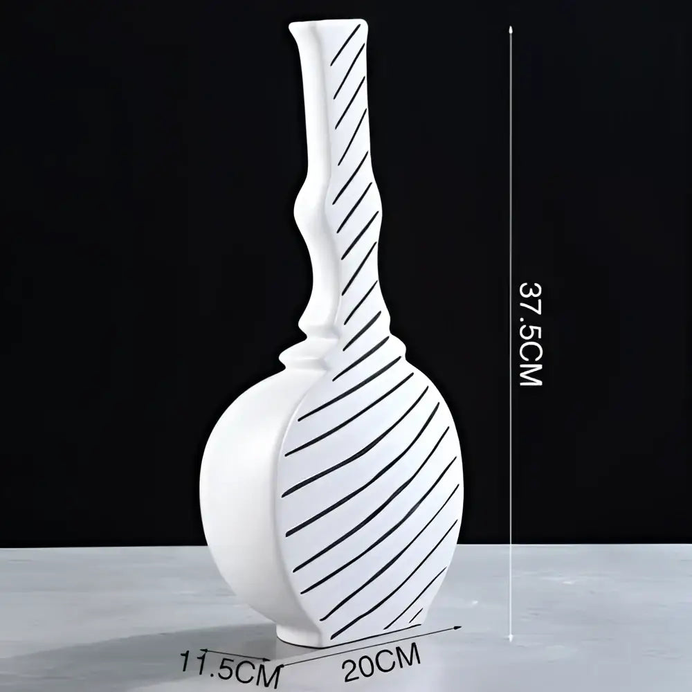 White elegant striped ceramic vase with black diagonal stripes and slender curved neck for modern decorbites decor