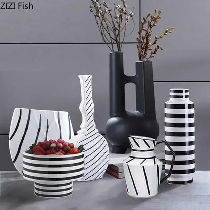 Modern black and white elegant striped ceramic vase with a geometric design for living room decorbites decorbites elegant striped ceramic vase