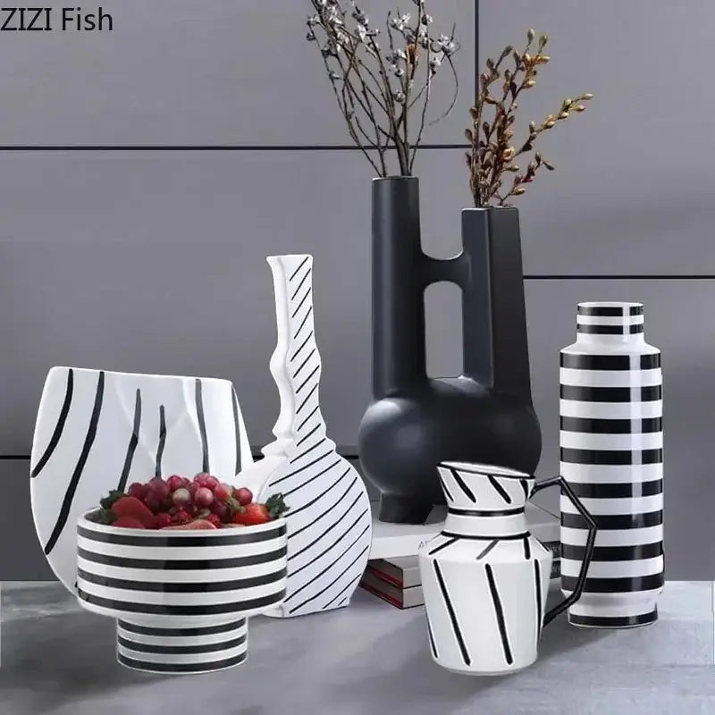Modern black and white elegant striped ceramic vase with a geometric design for living room decorbites decorbites elegant striped ceramic vase