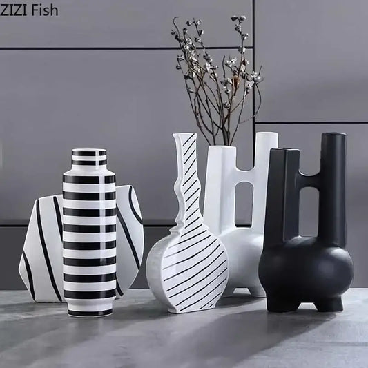 Modern black and white elegant striped ceramic vase with bold geometric patterns for living room decorbites decor